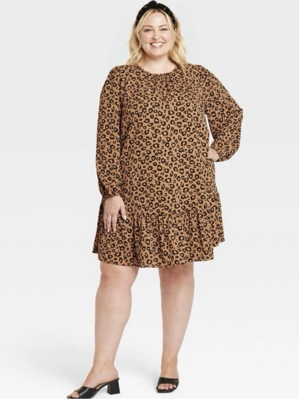 3X Leopard animal print Ava & Viv Long Sleeve Tiered Shift Dress knee length
